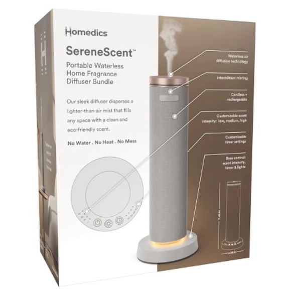 Homedics SereneScent Portable Waterless Home Fragrance Diffuser Bundle, Cordless Rechargeable Aroma Diffuser