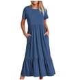 thumbnail image 1 of Qucoqpe - Vestido playero largo informal de verano para mujer, de manga corta, cuello redondo, holgado, con capas y bolsillos, en liquidación, 1 of 5