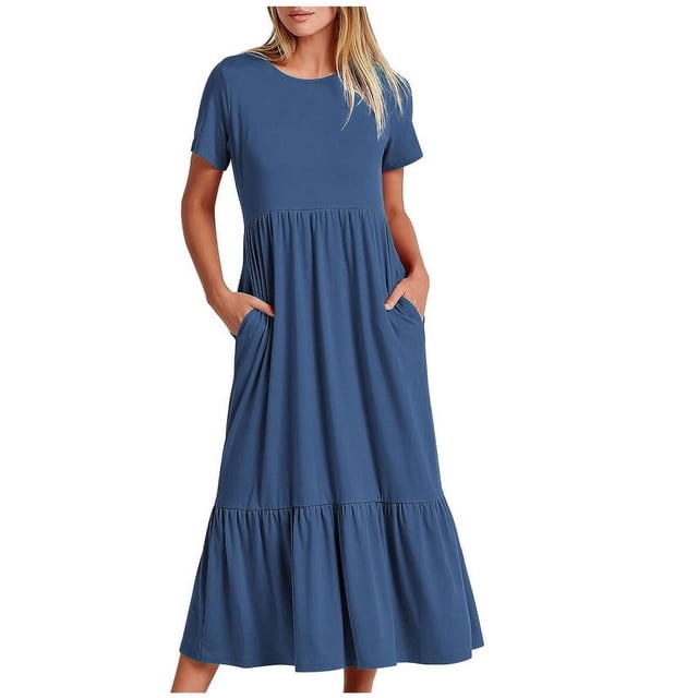 Qucoqpe - Vestido playero largo informal de verano para mujer, de manga corta, cuello redondo, holgado, con capas y bolsillos, en liquidación