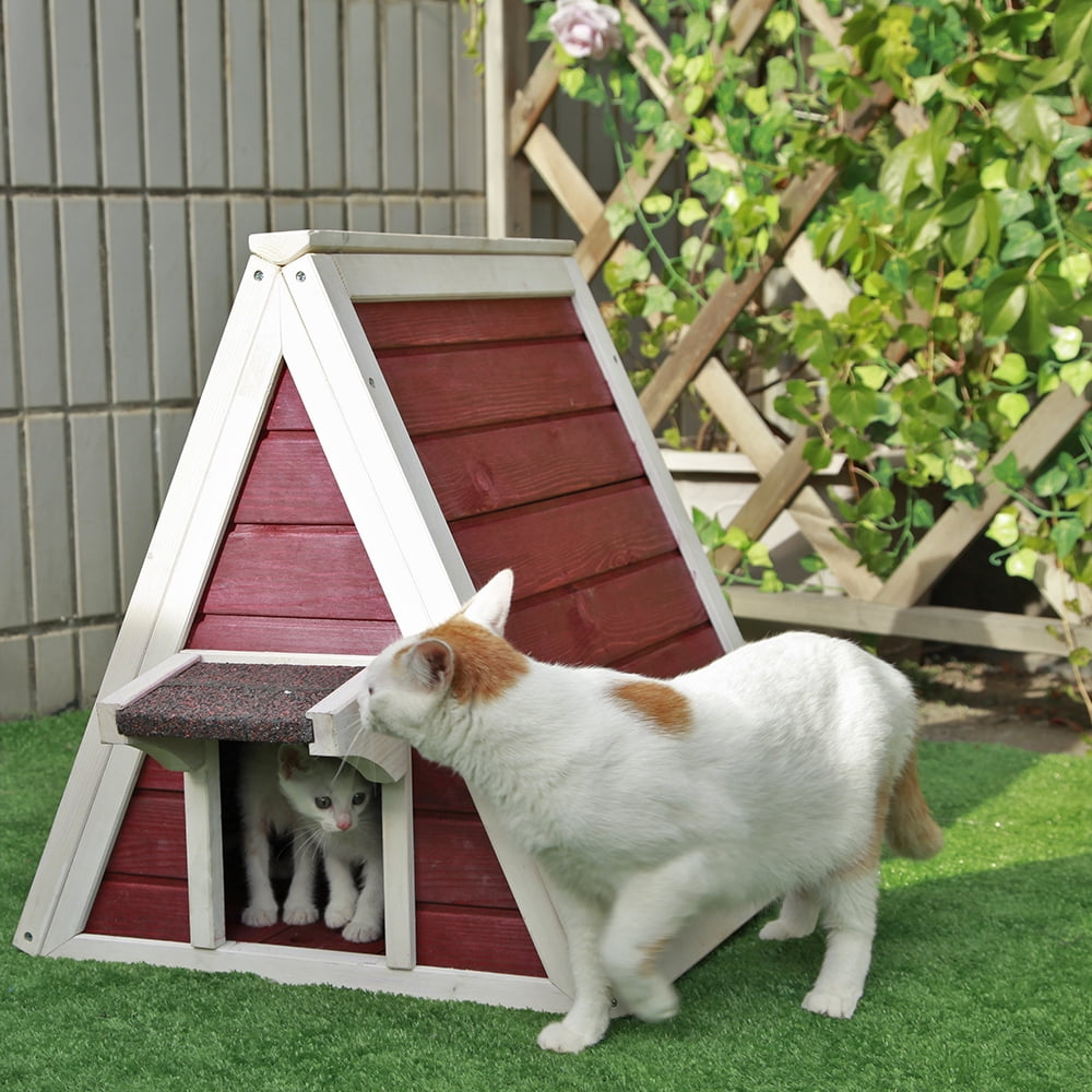 Petsfit Outdoor Cat House Weatherproof, Outside Feral Cat House with Escape Door,Outdoor Indoor Pet House for Small Animal,Red