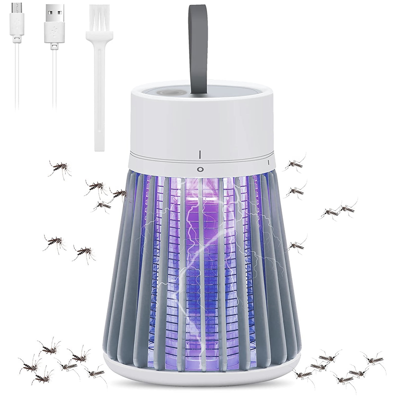 Bug Zapper Rechargeable Mosquito, Fly Killer Indoor Light with Hanging Loop Electric Killing Lamp Portable USB LED Purple Light Trap for Home Bedroom Outdoor Camping Gray-White