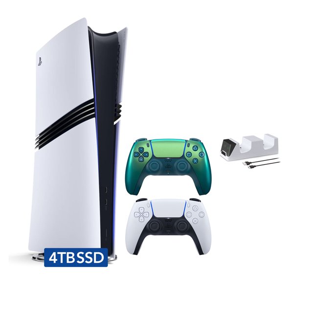 PlayStation 5 Pro 4TB SSD Digital Console with Two Controllers, White and Chroma Teal DualSense and Mytrix Dual Controller Charger - Flagship PS5 Pro Console