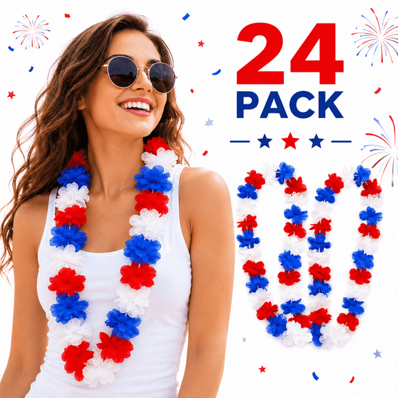 Kabuer 4th of July Decorations Party Supplies Red White and Blue Flower Leis for Independence Day Patriotic  Party Favors 24 Pack