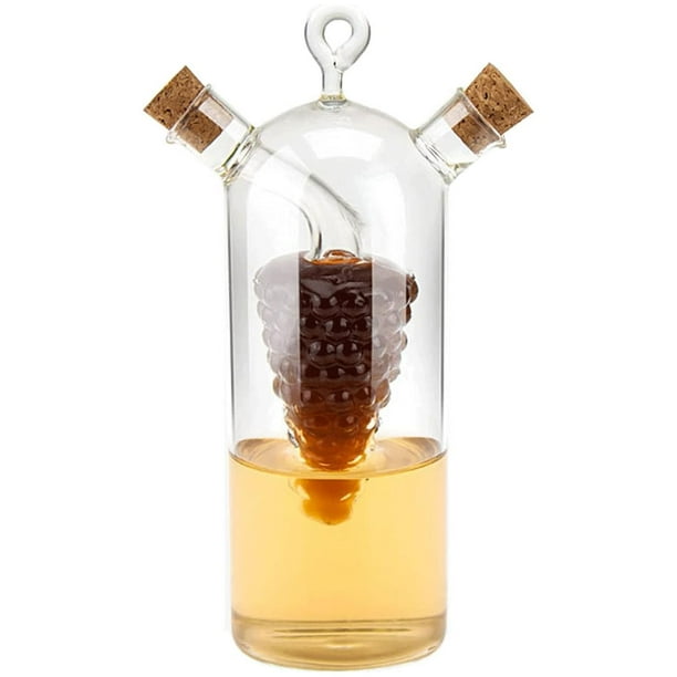 Dispensador de aceite de oliva y vinagre 2 en 1, vidrio soplado a mano resistente a la temperatura, para una decoración de cocina elegante y práctica, incluye dos corchos para almacenamiento, vertido