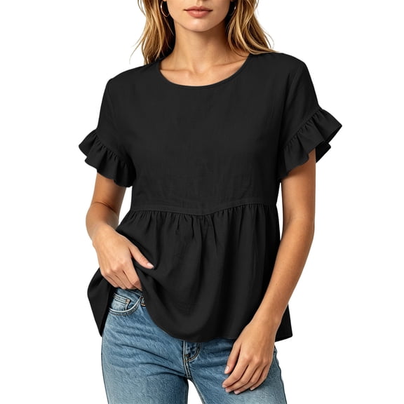 ClodeEU Women's Round Neck Ruffle Short Sleeve Babydoll Blouse,Casual Loose Peplum Summer Tunic Top Black,Women's Plus L