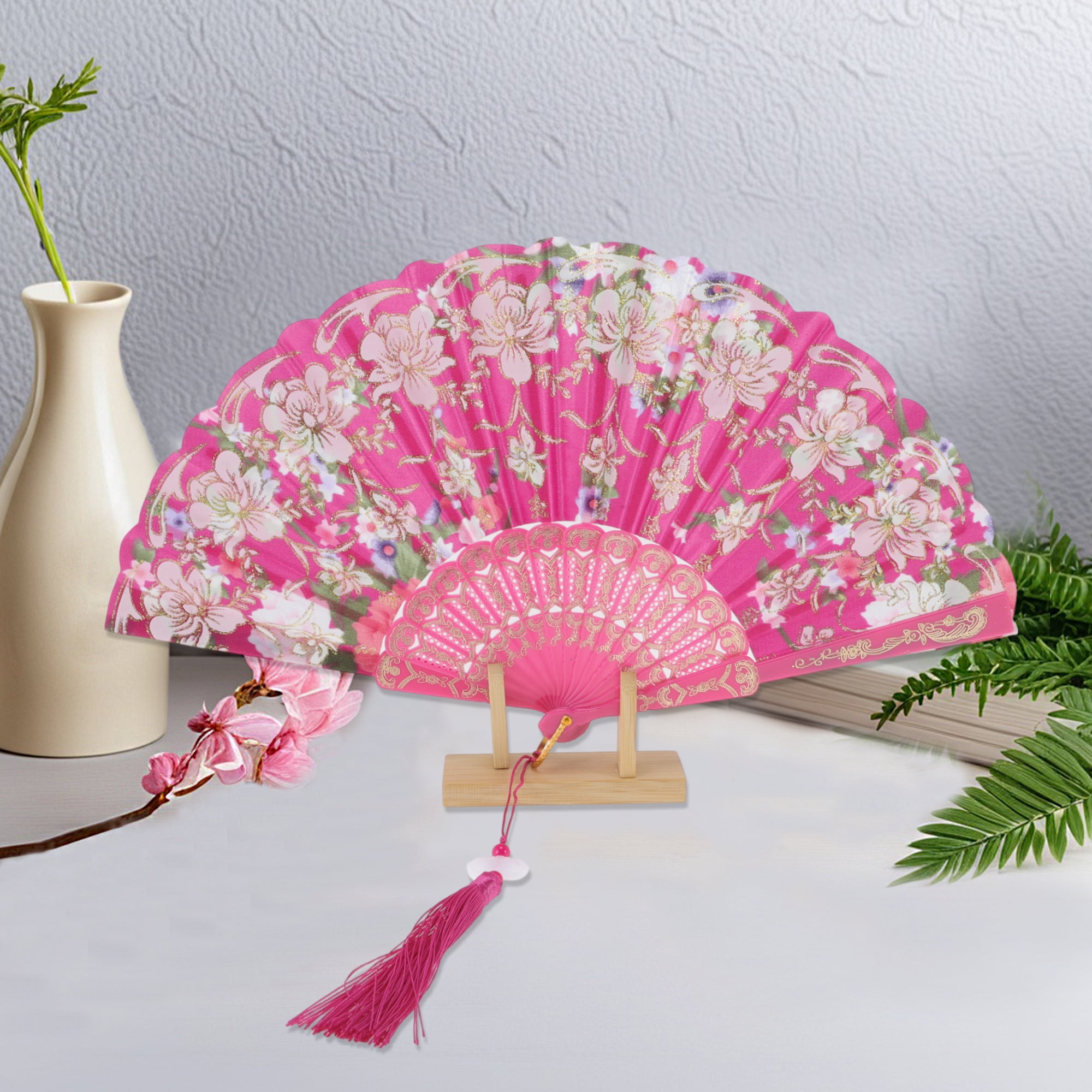 Unique Bargains Floral With Tassel Folding Fan 1Pc Rose Red