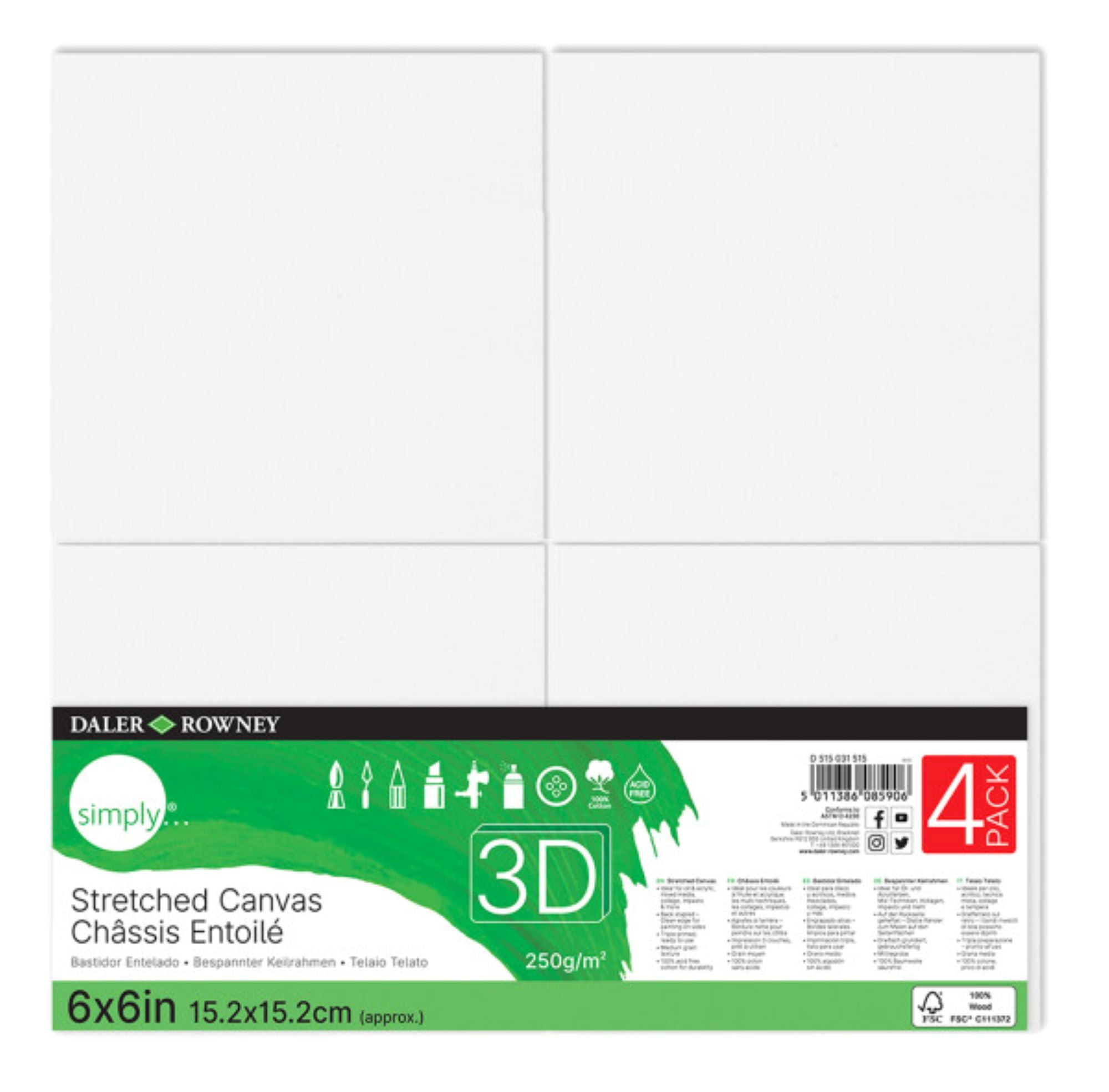 Daler-Rowney Simply Stretched 3D Canvas, White Art Canvas, 6' x 6', 4 Pk