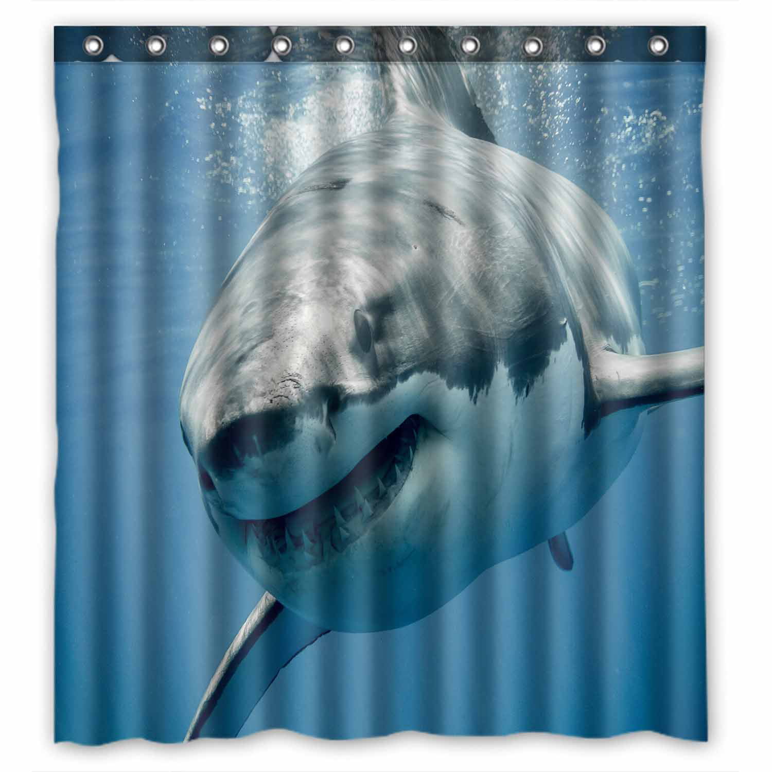Great White Shark Smiling Shower Curtain Set Bathroom Waterproof Fabric & Hooks 