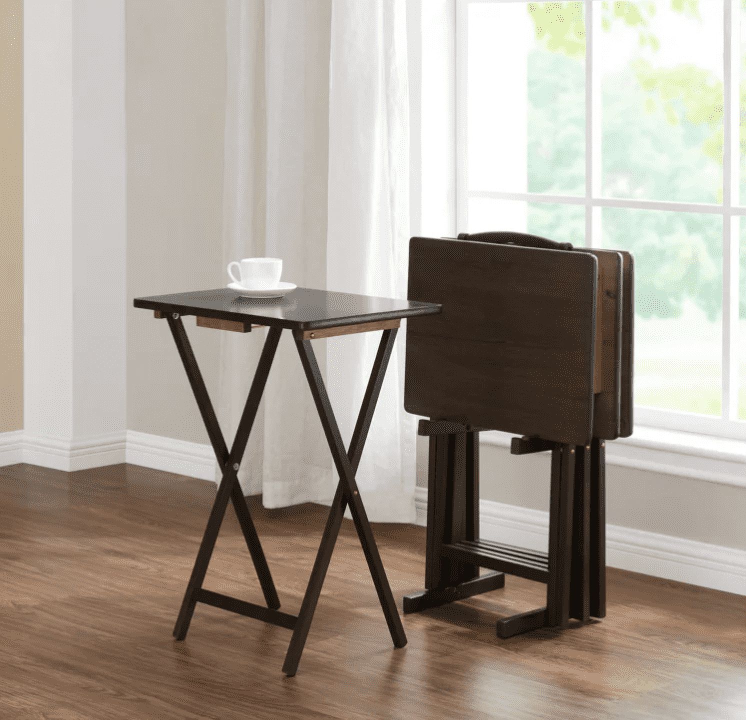 Mainstays Indoor Folding Table Set of 4 in Walnut L19 x W15 x H26 inches. 4 Tables+1 Rack Stand. - image 3 of 5