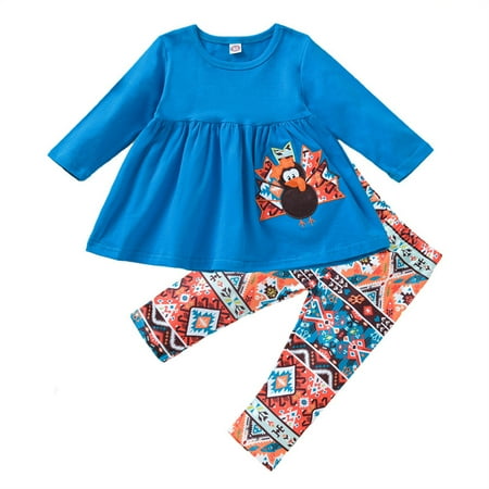 

YJ.GWL Thanksgiving Baby Girls Clothes Outfits Turkey Print Top Shirts Plaid Pants Sets