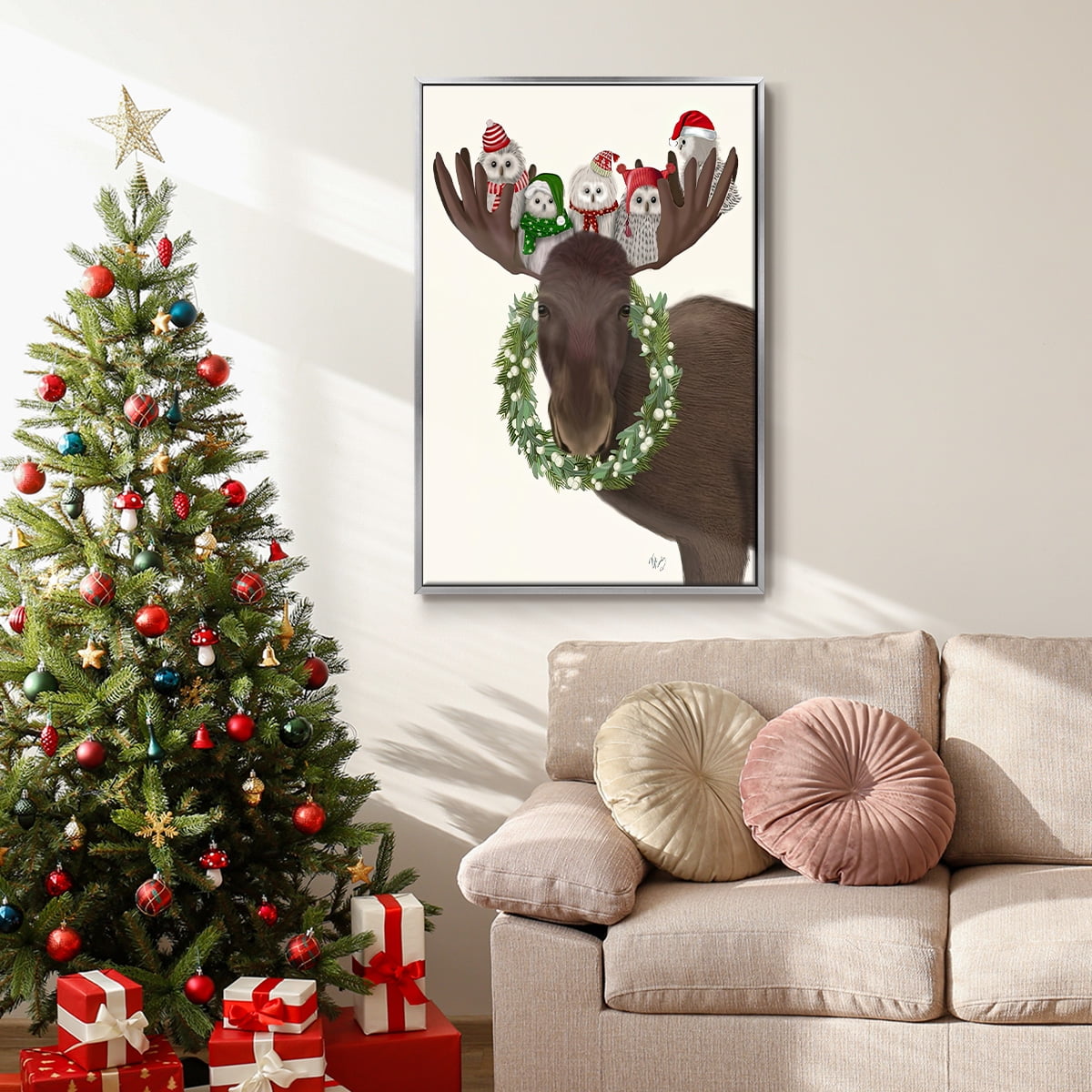Christmas Moose and Christmas Owls - Framed Gallery Wrapped Holiday Canvas - 17 x 25 - Silver Frame