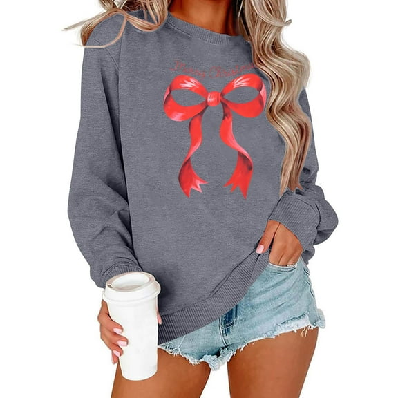 GUZOM Womens Gray Christmas Sweatshirt - Merry Christmas Red Bow Print, Loose Crewneck Long Sleeve, 100% Polyester Soft Festive Holiday Casual/Lounge Wear,Size S