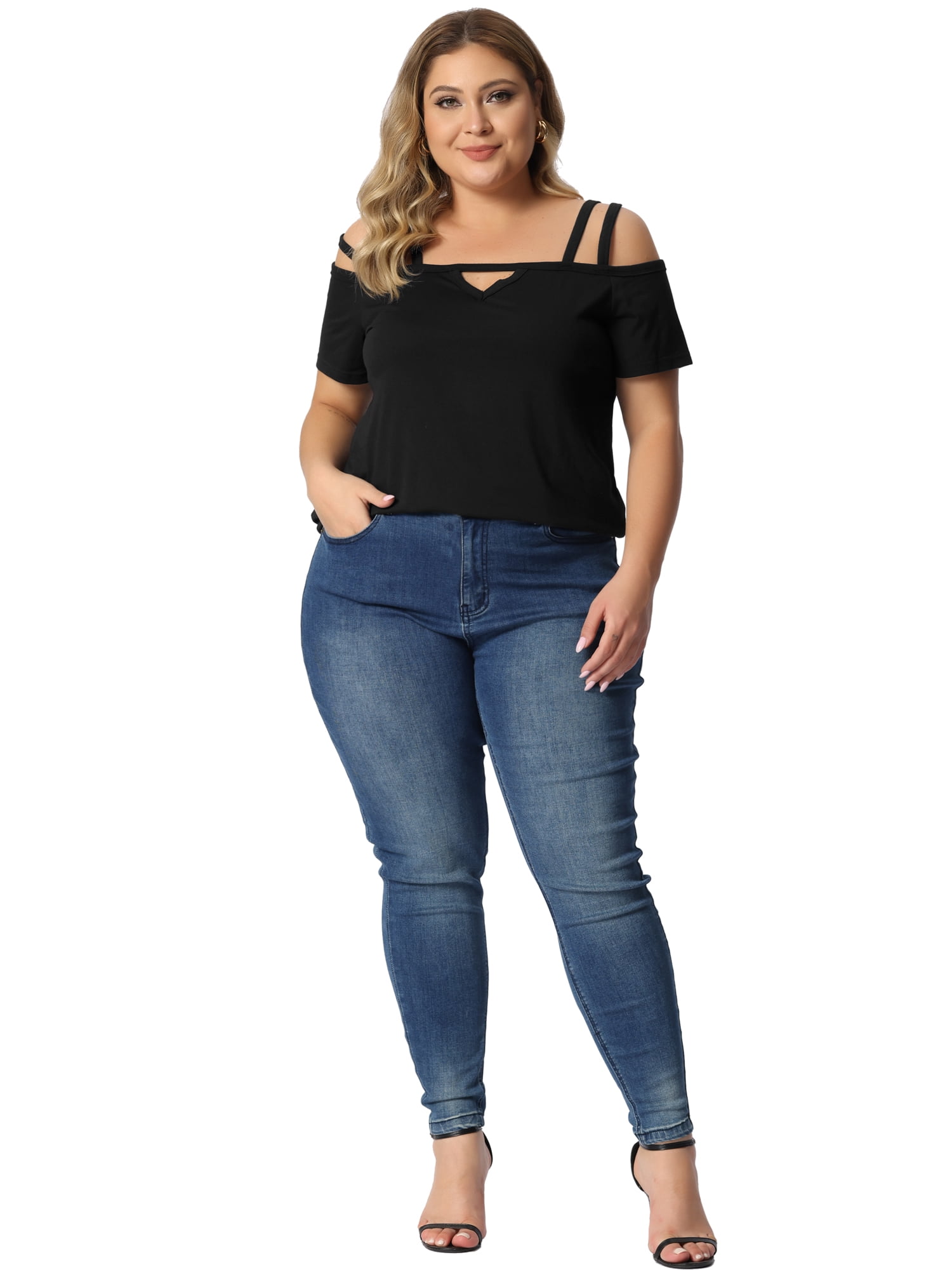 DARING DIVA Women's Plus Short Sleeve Cold Shoulder Tops Blouses Shirt 4X Black
