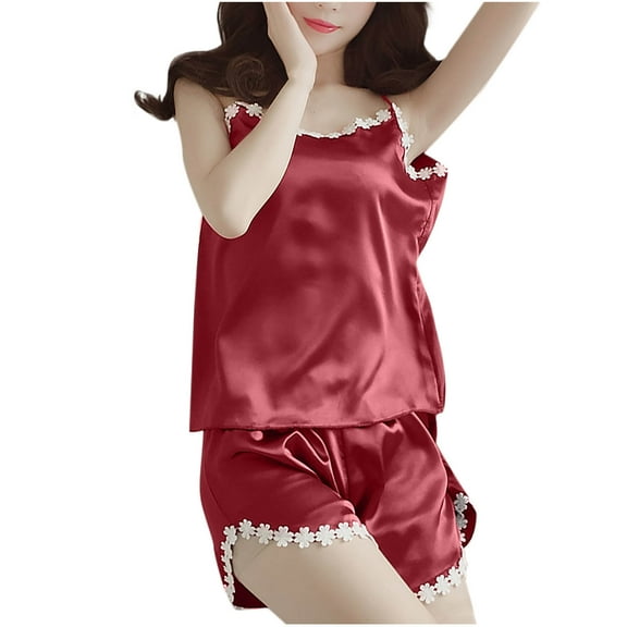 Chbgutlmr Satin Pajamas for Women Set 2 Piece Scoop Neck Camisole Loose Shorts Lace Loungewear Outfits