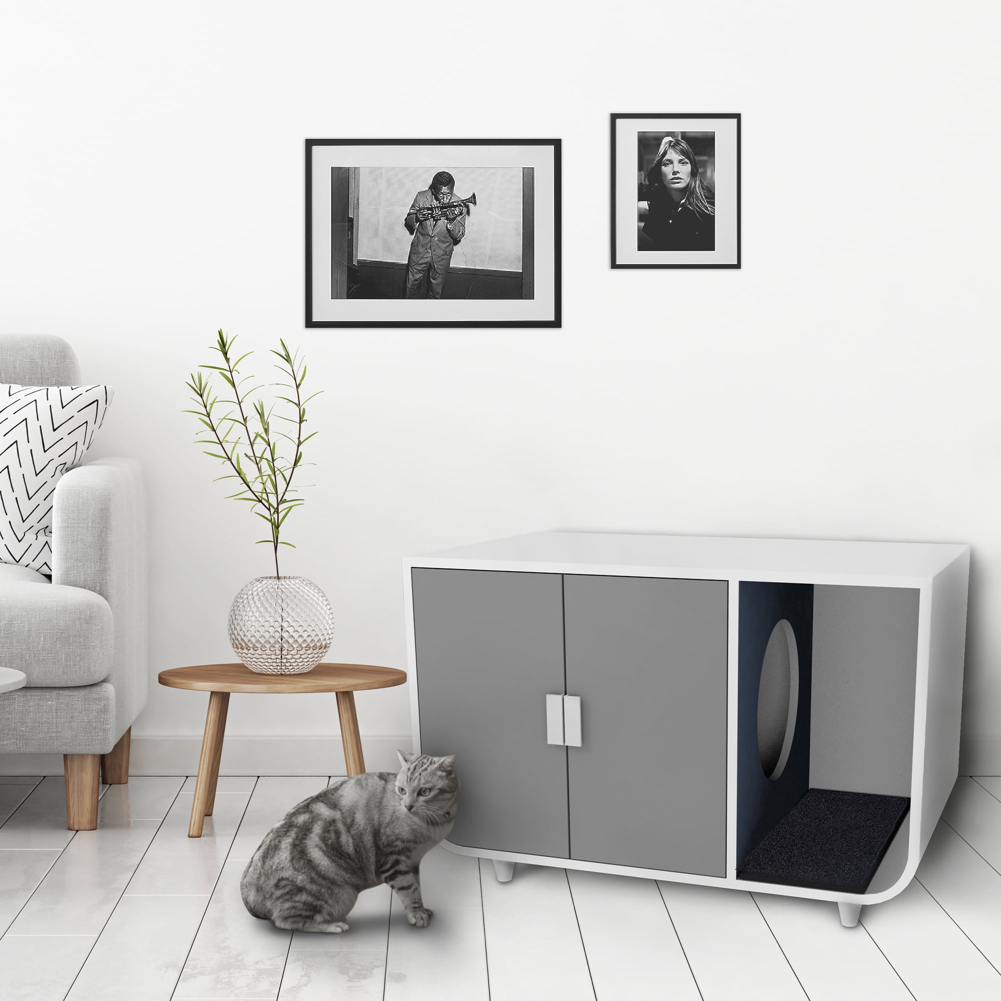 Teamson Pets Large Dyad Wooden Cat Litter Box Enclosure and Cabinet/Side Table, Alpine White/Gray