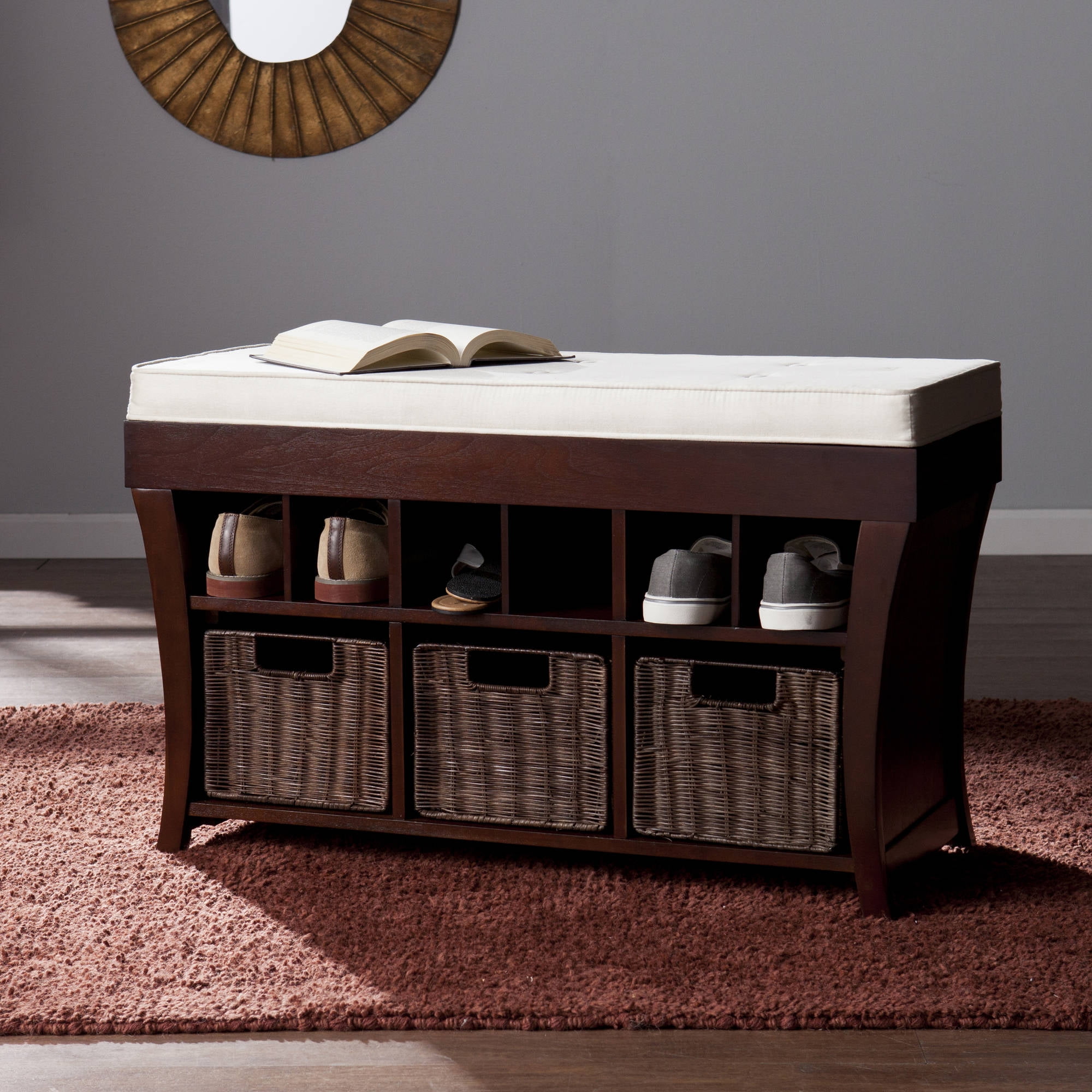 Southern Enterprises Landry Storage Bench with Baskets, Espresso