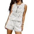 thumbnail image 3 of Women Top Shorts 2 Piece Outfits Set Sleeveless Floral Embroidered Top Shorts Set White XL, 3 of 9