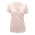 thumbnail image 4 of MIXUE Womens Summer Tops Solid Color Sexy Deep V Neck Hollow Out Short Sleeve Casual T Shirts Sportwear,Beige,S, 4 of 5