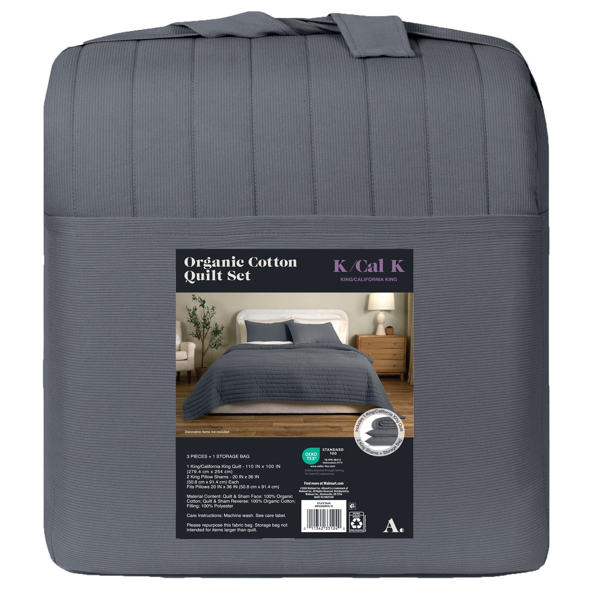 Allswell Organic Cotton 3-Piece Quilt Set, Gray Shark, King/California King