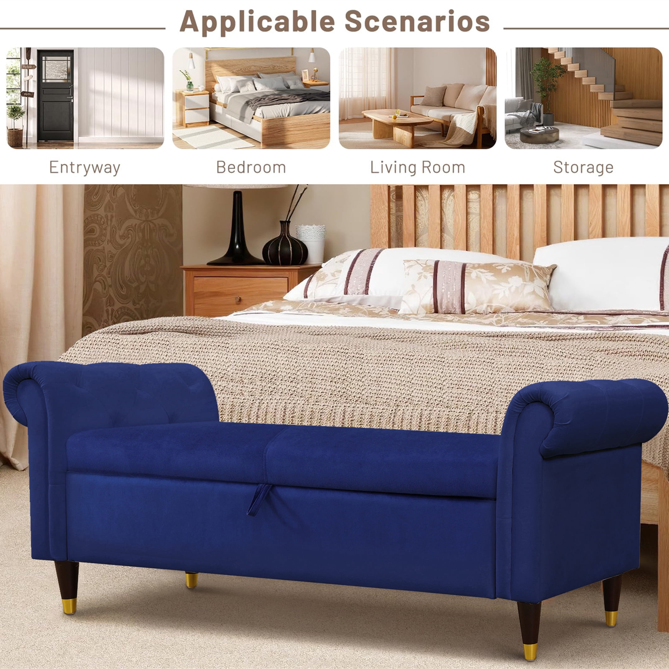 Aukfa 64 inch Oversized Storage Ottoman Bench, Lift Top Storage Chest for Bedroom, Sherpa, Blue
