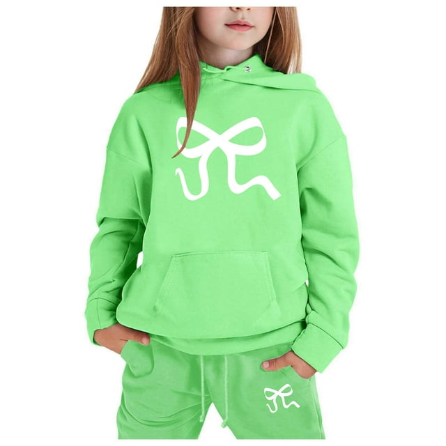 GDREDA Girls Sets 2 Piece Outfits Spring Children's Hoodie Set With Bow Print Green,10-11Years