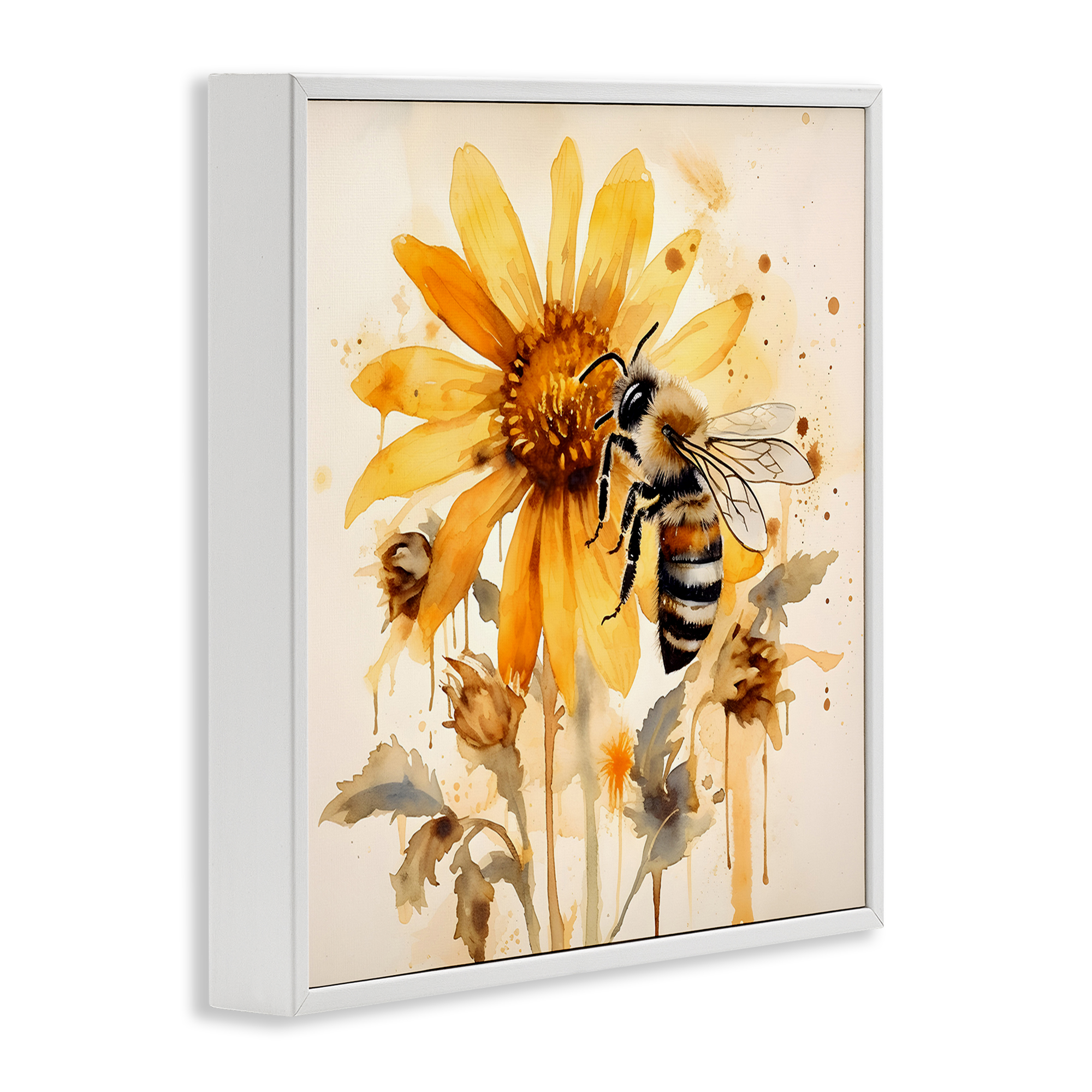 Stupell Industries Busy Bee with Flower Animals & Insects Painting White Framed Art Print Wall Art, 12 x 12