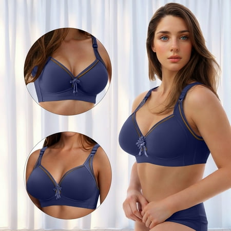 REORIAFEE Wireless Bras Women Gathered Together No Wire Bras Seamless Adjustable Straps Brassiere Comfy Spaghetti Straps Breathable Corset Underwear Comfortable Classic Support Lingerie Navy XL