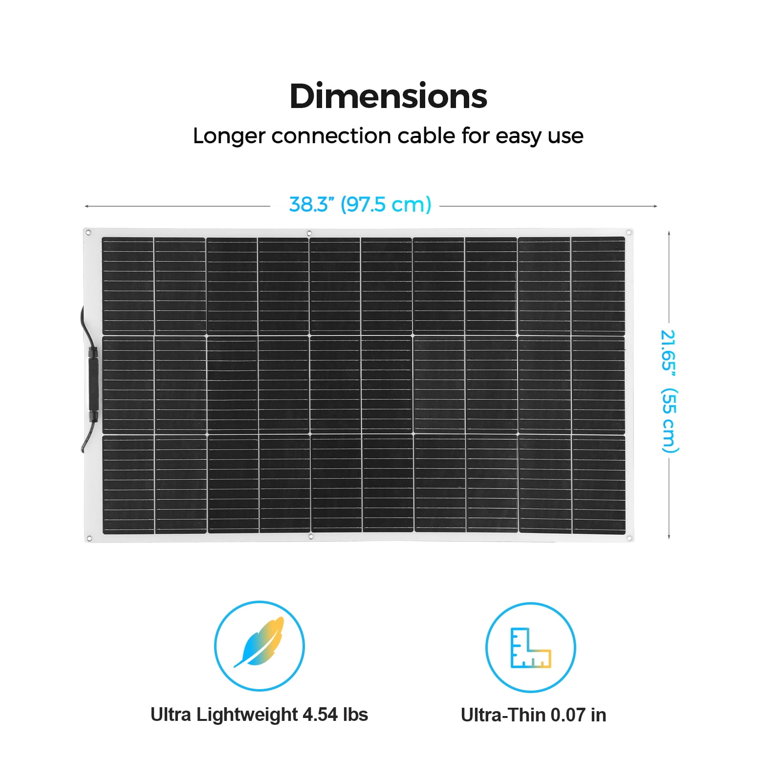 100 Watt monocrystalline solar panel, flexible and bendable photovoltaic module, solar off-grid charger for boats, caravans, vans, automobiles and other uneven surfaces