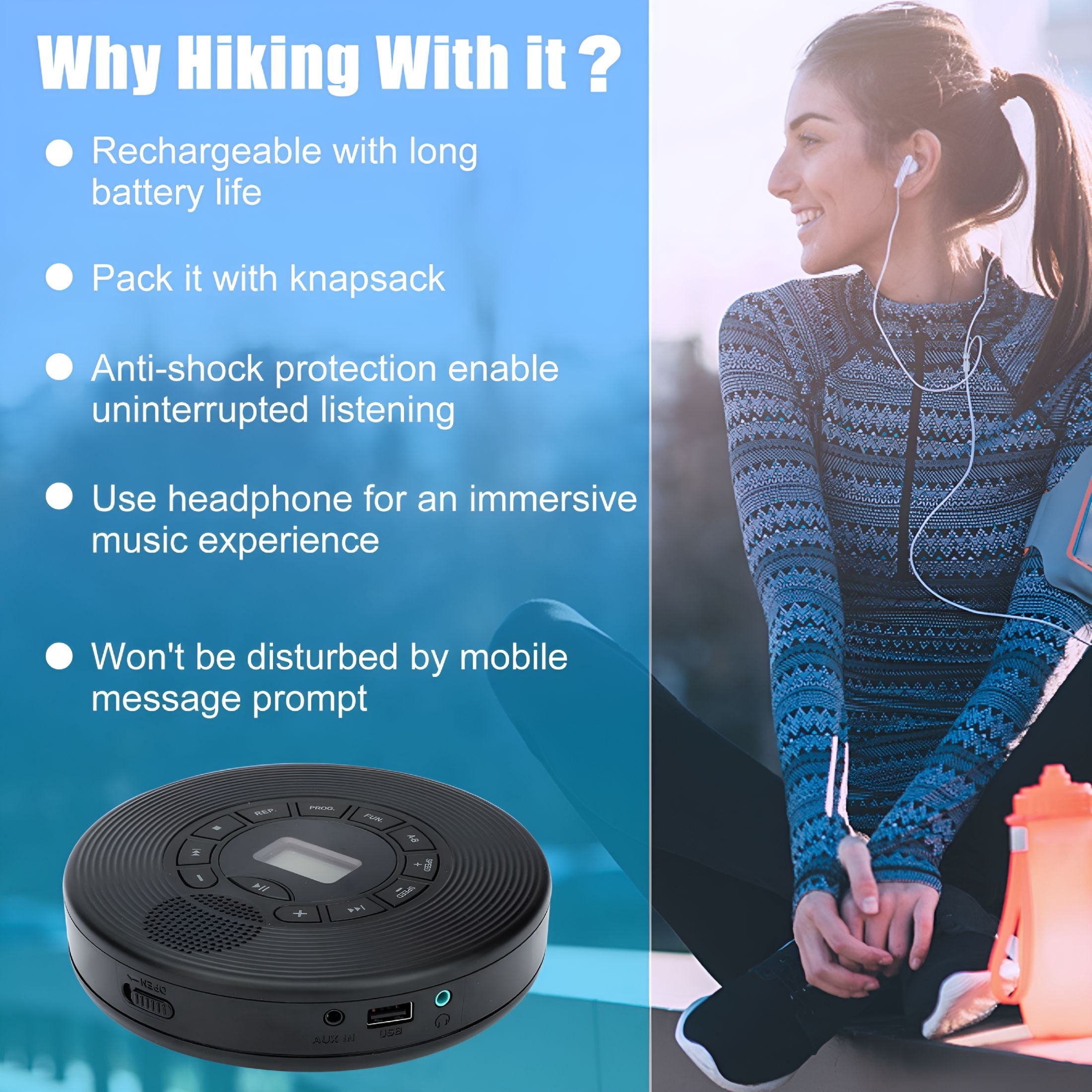 GJX 2026 New Portable Cd Player,Rechargeable Cd Walkman with Hifi Speaker,Personal Anti-Skip Cd Music Player with Lcd Display/Mp3/Headphone Jack/Aux Input Output for Cars Home Travel Adults Teens