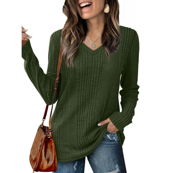Womens Long Sleeve Tops V Neck Shirts Light-Weight Tunic Sweaters Fashion Dark Green L