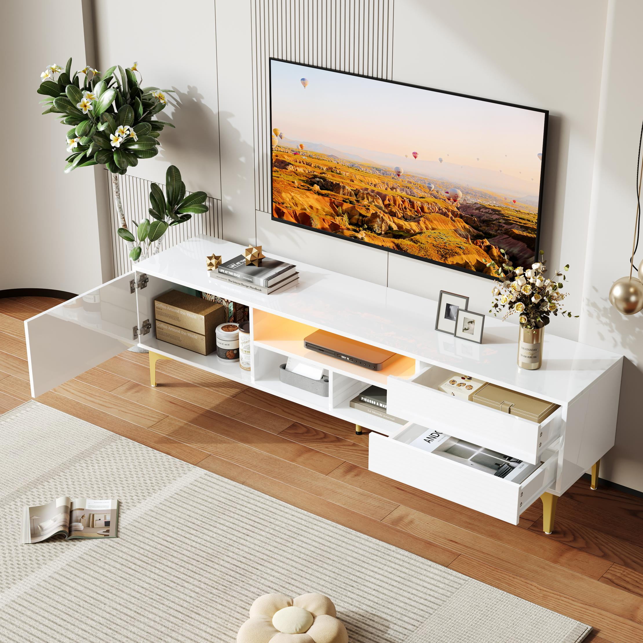 SESSLIFE TV Stand for 70 Inch TV, TV Console Table with RGB LED Lights, Modern Wood Entertainment Center with Cabinet and Drawers, TV Cabinet for Living Room, Bedroom, White