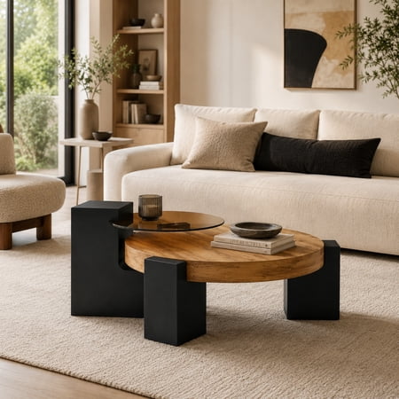 TesNus Coffee Table Double Layer Detachable Round Brown Glass Black MDF Wood Legs 24 Inch