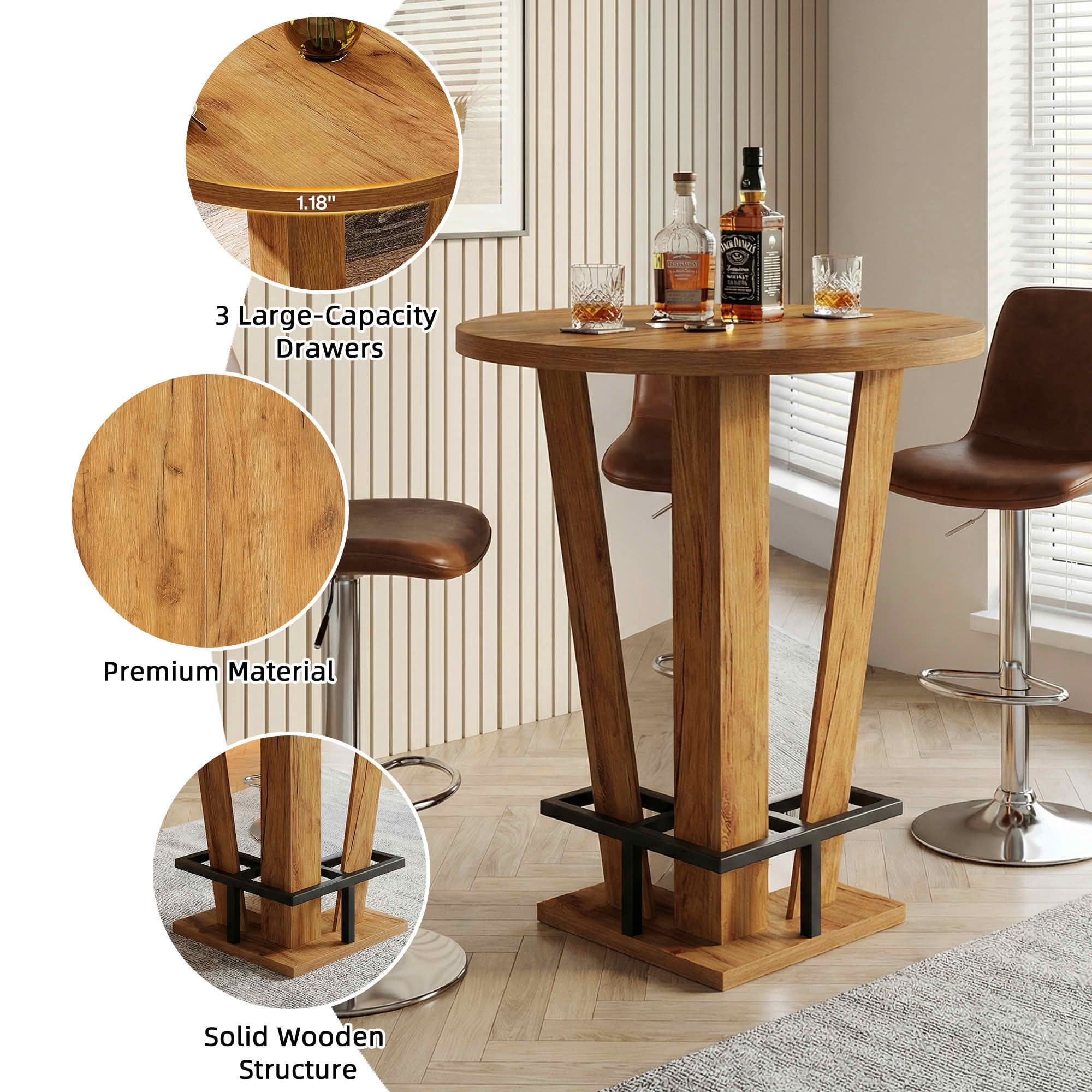 MAYEERTY 31.5" Round Minimalist Bar Table, MDF Top with Acrylic Base & Metal Footrest, 39.37" Height Bistro Table for Small Spaces