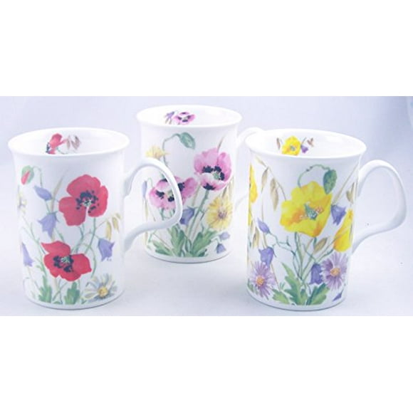 Fine English Bone China Mugs - Set of Three - English Meadow By Roy Kirkham