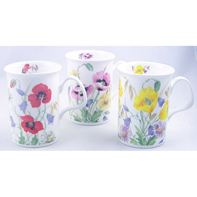 Fine English Bone China Mugs - Set of Three - English Meadow By Roy Kirkham