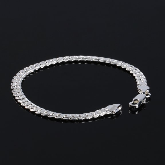 rygai Men Flat Curb Silver Plated Chain Design Bracelet Jewelry Gift-