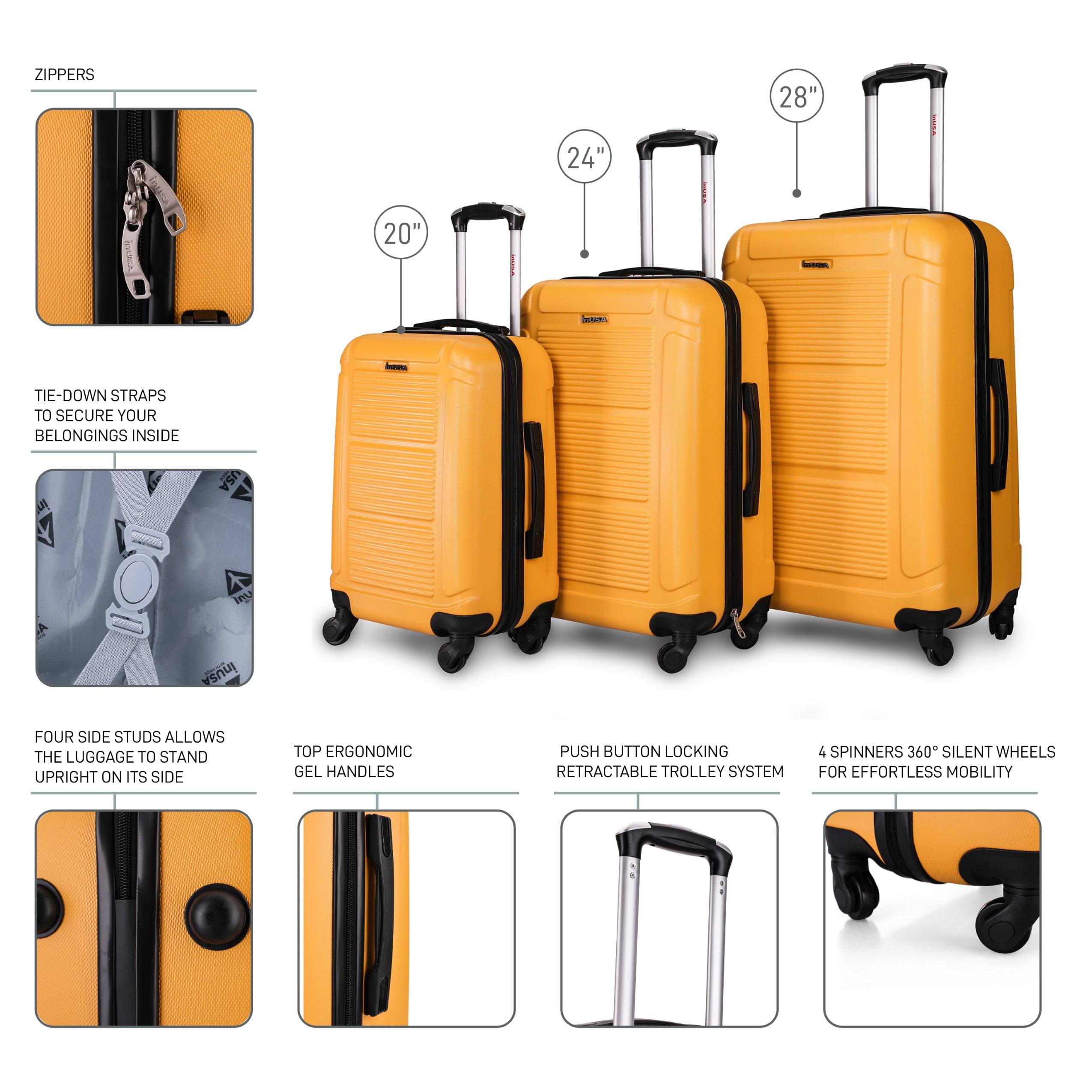 InUSA Pilot 3-Piece Hardside Luggage Sets with Spinner Wheels, Handle, Trolley, (20"/24"/28"), Mustard