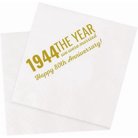 20pcs 80th Anniversary Cocktail Napkins, Gold 1944 The Year We Were Married Happy 80th Anniversary Paper Disposable Cocktail Beverage Napkins 5 x 5 Inches (1944) 5"x5"