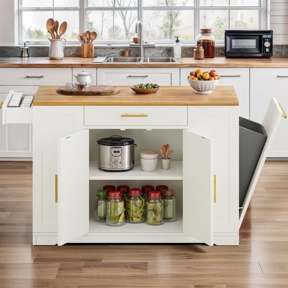 ModFusion 53" Rolling Kitchen Island with Trash Bin, 3 Shelves, 2 Drawers & Coffee Bar – White Mobile Storage & Prep Station