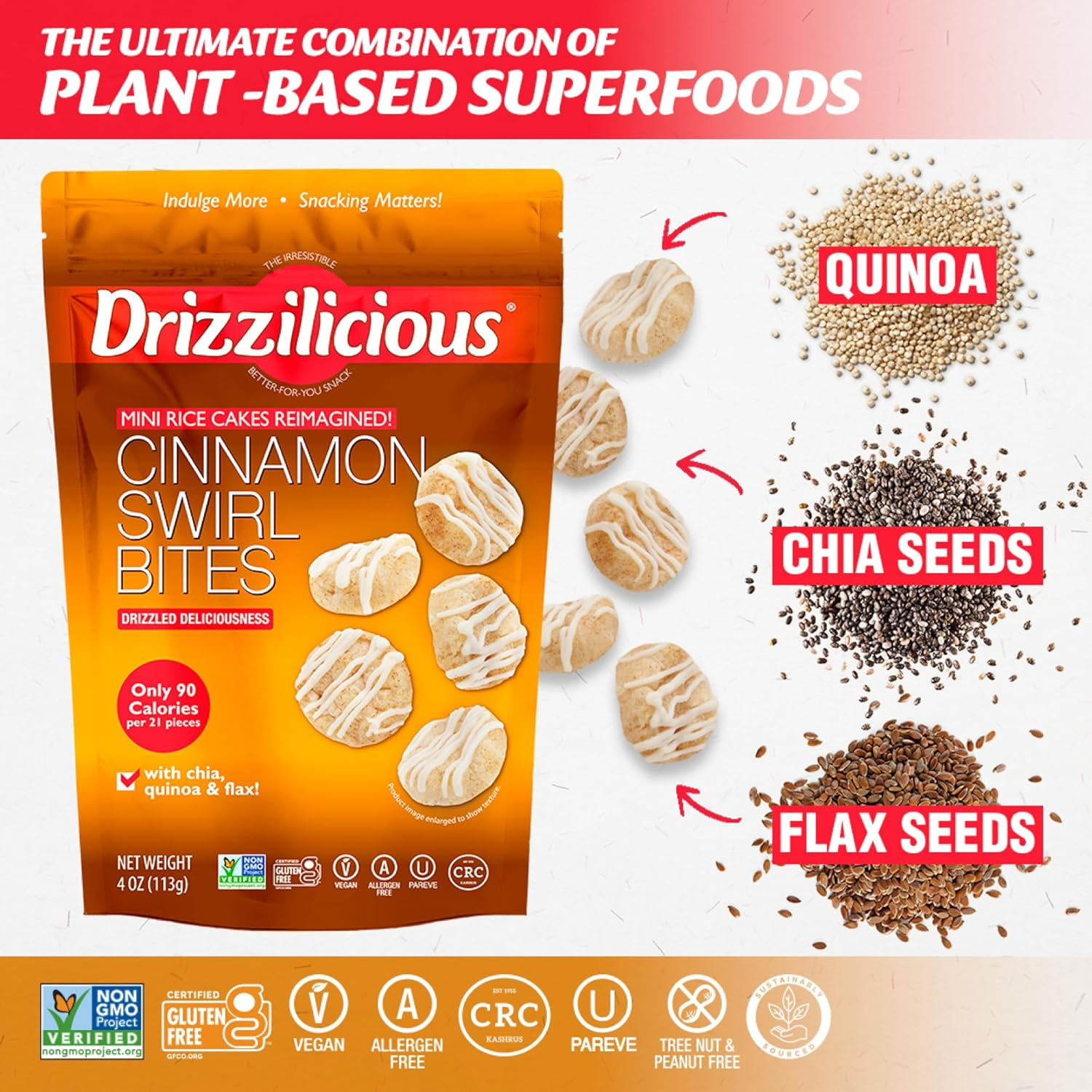 Drizzilicious Mini Rice Cakes, Cinnamon Swirl Flavored Rice Cake Gluten Free Snacks, Rice Crisps 2-Pack