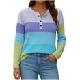 thumbnail image 3 of Oksale Henley Tops for Women Long Sleeve Cotton Shirts Trendy Color Block Button Down Tees Casual Soft Comfortable Pullover for Going Out Blue S, 3 of 7
