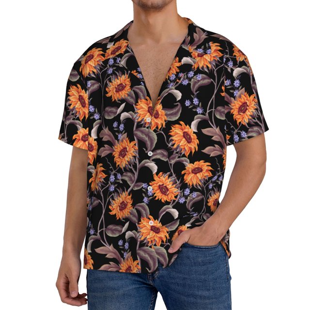 Balery Sunflowers Camisa Casual de Manga Corta con Botones para Hombre, Texturizada, Estilo Cubano, para Playa, Verano-3X-Large