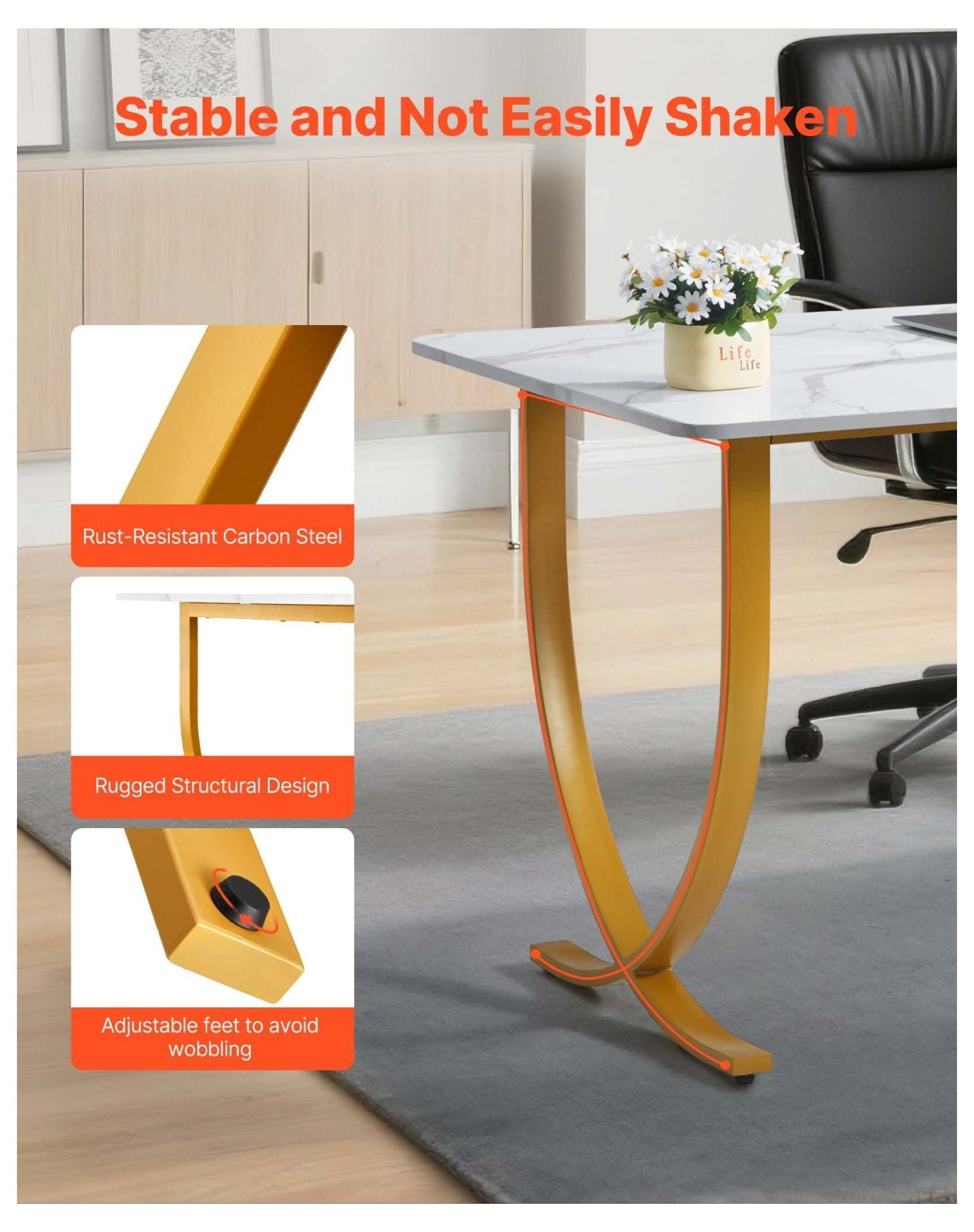 Executive Desk 63" W Modern Office Computer Table White & Gold Large Conference Desk