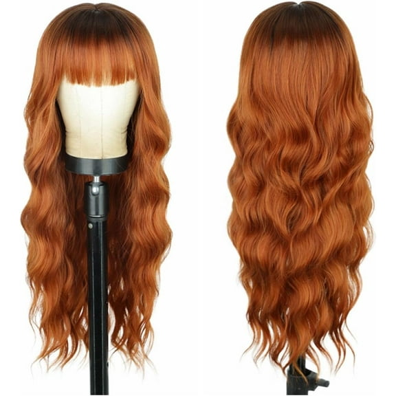 Aorsher Wigs with Bangs Auburn Wig with Dark Root for Women 26 Inches Long Wavy Curly Synthetic Heat Resistant Fiber Wigs for Daily Party Use