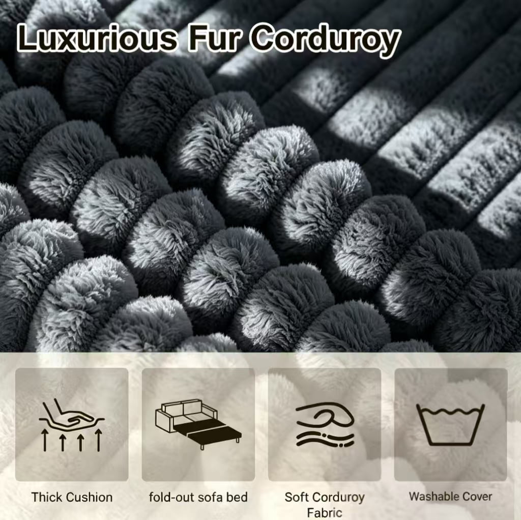 55" Convertible Futon Sofa Bed,Folding Boneless Couch with Sleeper Sofa,Fold Out Floor Sofa with Deep Seat,Cloud Corduroy Foldable Mattress Couch for Living Room,Dark Gray