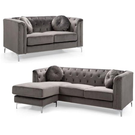 Home Square 2-Piece Set with Velvet Sofa Chaise and Loveseat in Dark Gray
