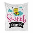 thumbnail image 1 of Dream Soft Flannel Fleece Throw Blanket, Cartoon Style Nursery Sleppy Owl with Dreams Words Clouds and Stars, Cozy Plush for Indoor and Outdoor Use, 50" x 70", Yellow Blue Pink, by Ambesonne, 1 of 6