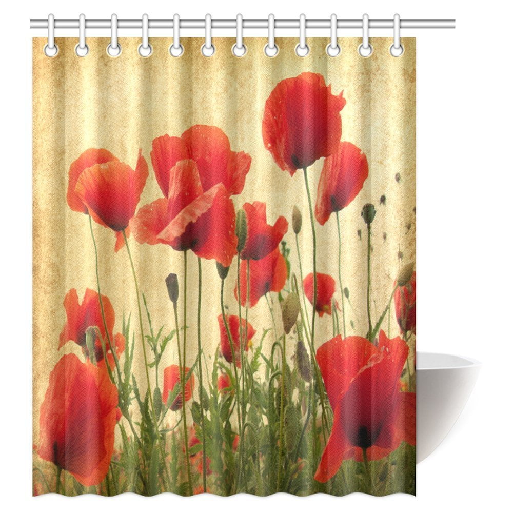 MYPOP Poppy Decor Shower Curtain, Spring Wildflower Poppy Leaf Garden