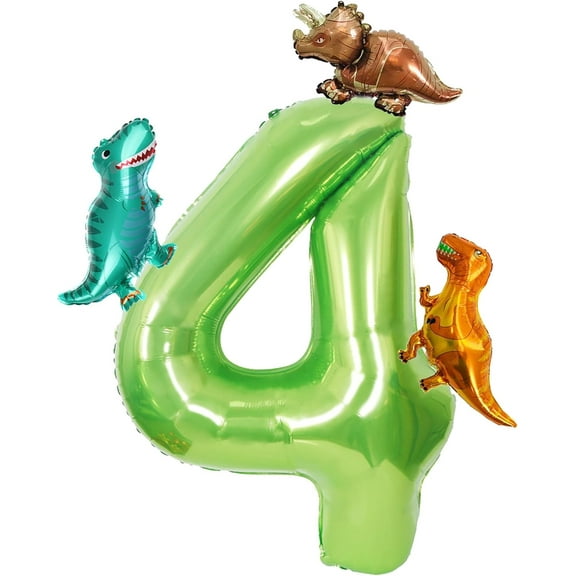 LUU-Dinosaur Green Number 4 Balloon, 40 In Large Foil Helium Balloon with Mini Dino Mylar Balloons, Dinosaur Birthday Decorations for Kids, Dinosaur Balloons Set for 4th Birthday Party_SAI