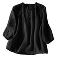 thumbnail image 2 of HOMBOM Womens Cotton Linen Tops 3/4 Sleeve Boho V-Neck Ruffled Black Embroidered Ladies Summer Shirt Casual Loose Blouse, 2 of 9
